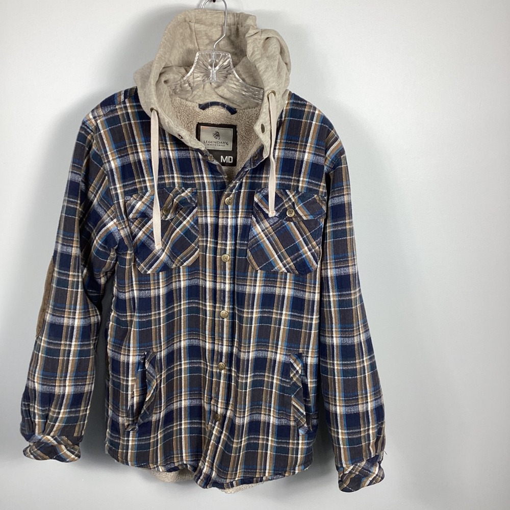 Legendary Whitetails Mens Med Flannel Shacket Jacket Plaid Hooded Sherpa Lined